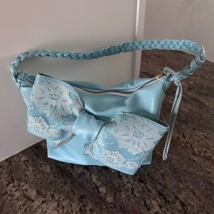 New Stacy Leigh Designer Leather Bow Bag, Aqua, Lace, Blue, Boho Chic, Trendy